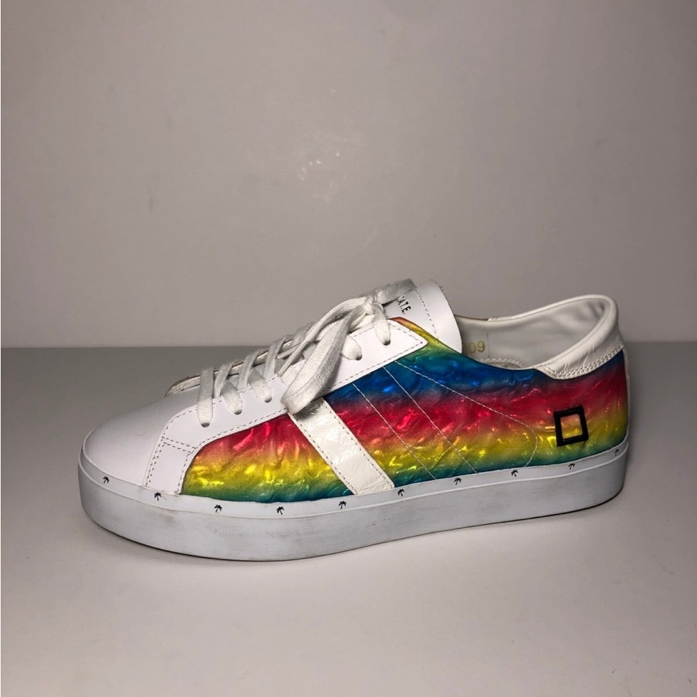 D.A.T.E. Hill Low Petrol Heel Sneakers Shoes Lace Up White Rainbow Size US 9 New